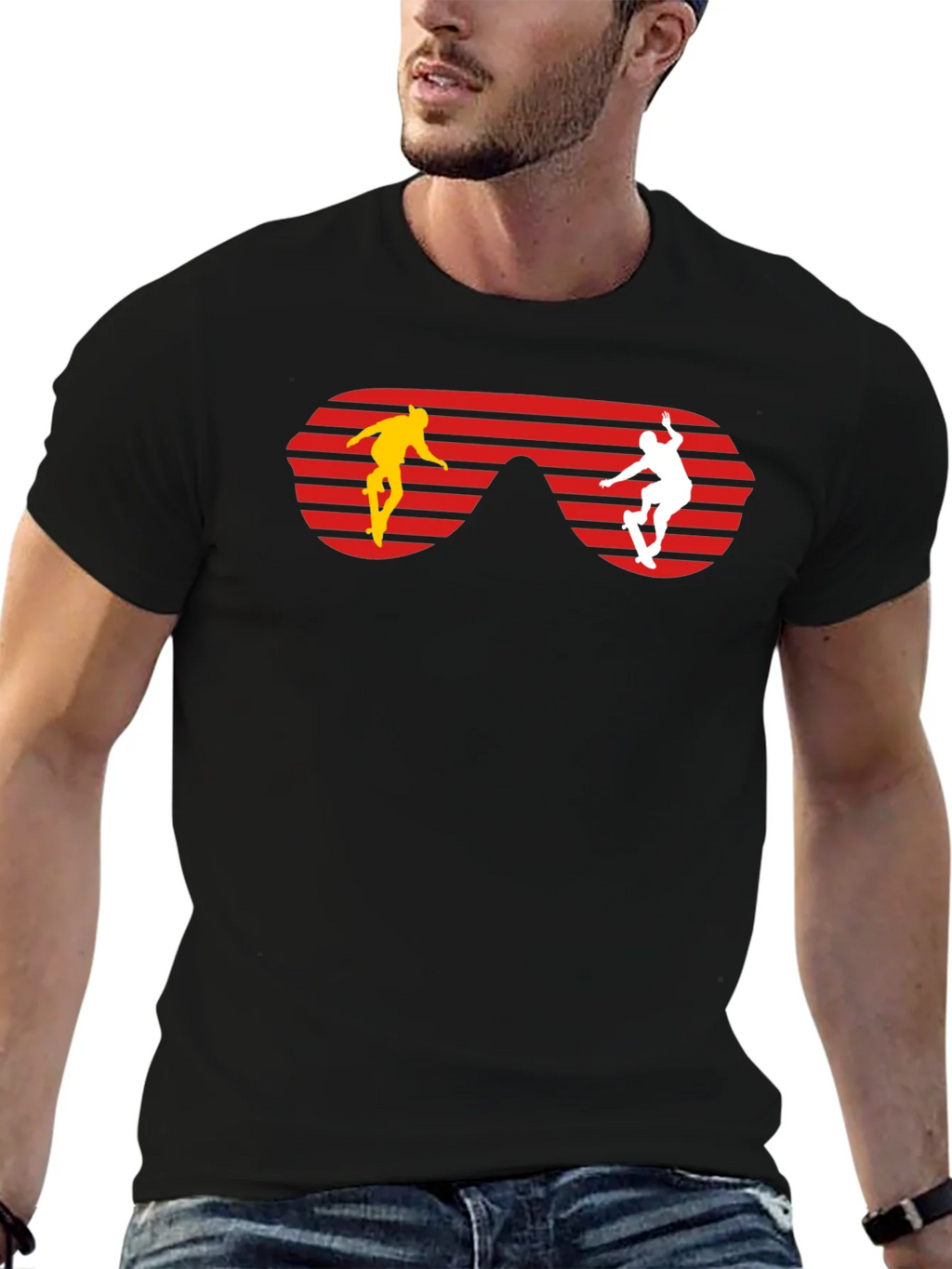 Retro Skateboarder Sunglasses Graphic Tee - Black