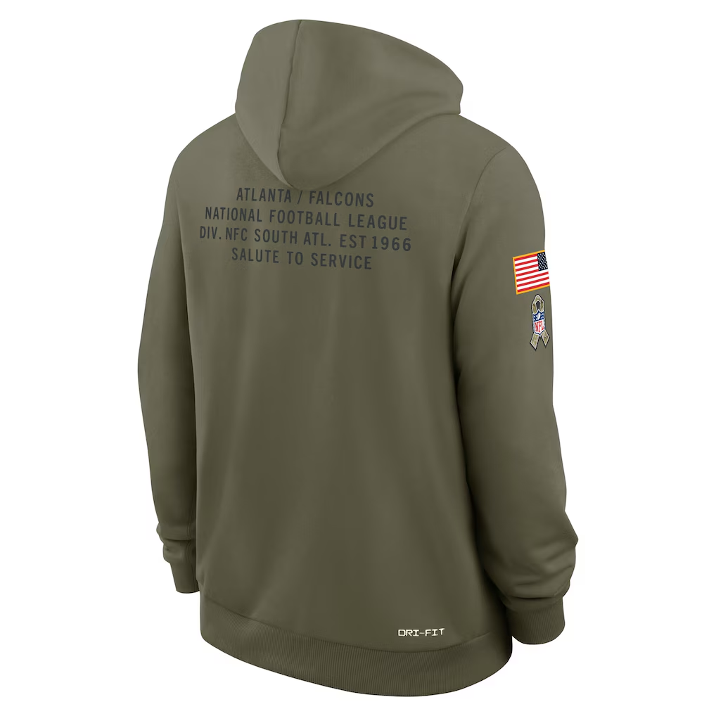 Men's Atlanta Falcons Nike Olive 2025 Salute to Service Sideline Standard Issue Dri-FIT Hoodie