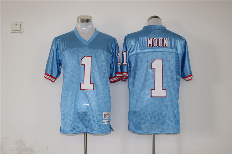 Men's Tennessee Oilers Warren Moon #1 Light Blue Legacy Replica Jersey1