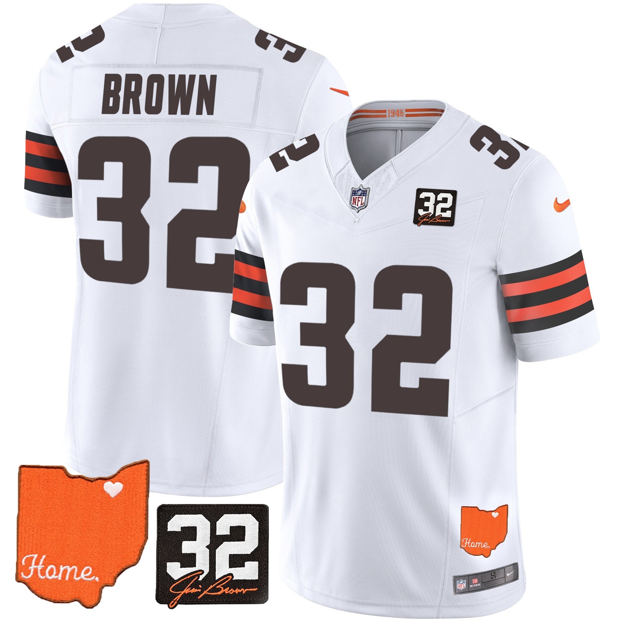 Jim Brown Cleveland Browns #32 Jim Brown Memorial & Home Patch Jersey  All Stitched
