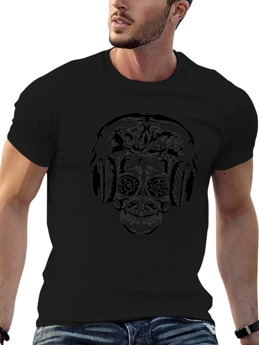 Skull Headphone Graphic Print T-Shirt