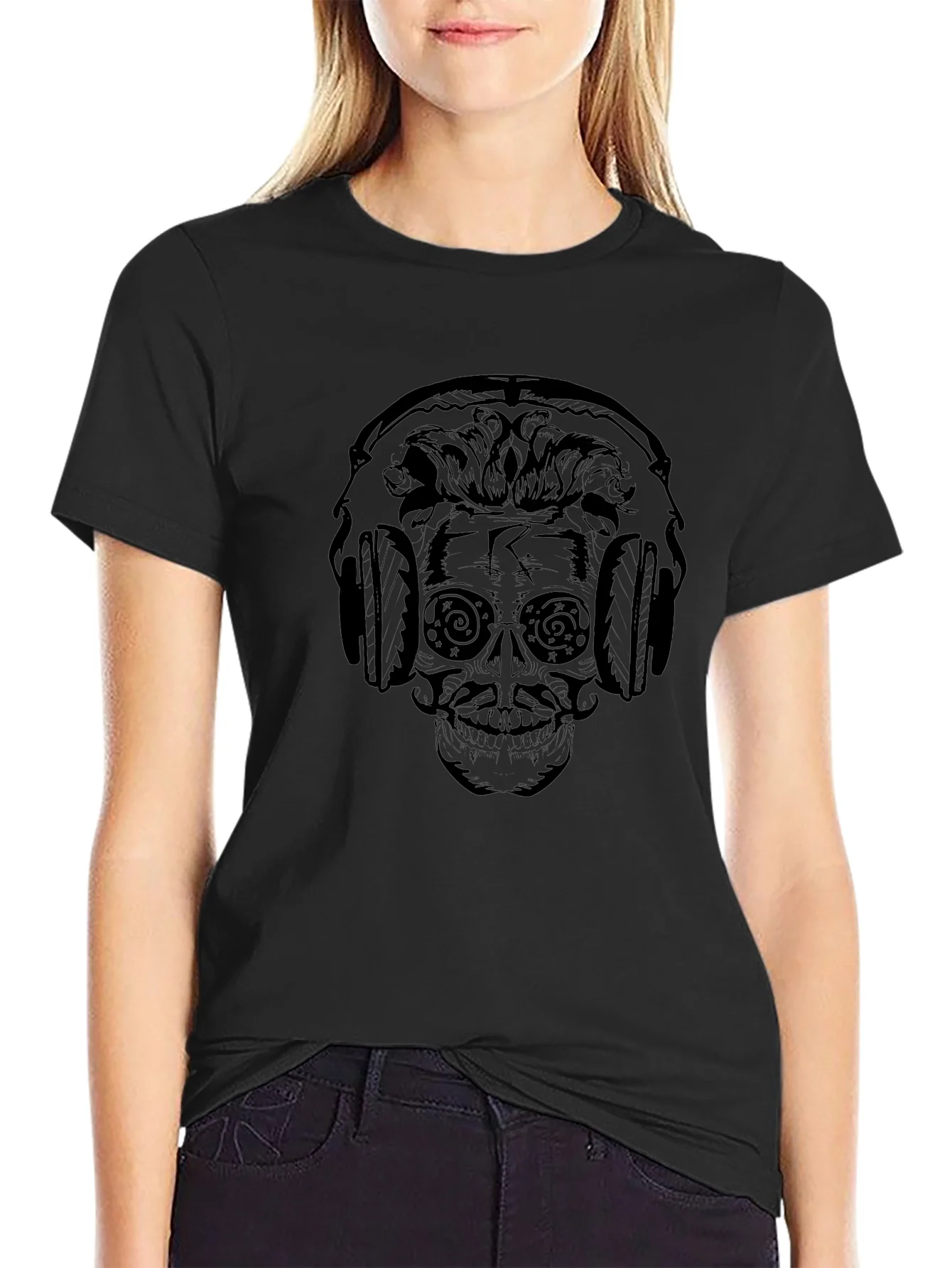 Skull Headphone Graphic Print T-Shirt
