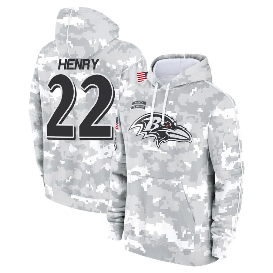 B.Ravens #22 Derrick Henry Player Military Hoodie Arctic Camo Salute To Service Football Jerseys