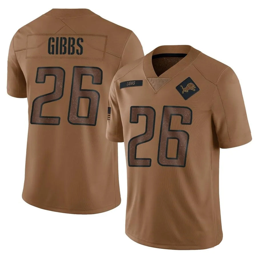 D.Lions #26 Jahmyr Gibbs Player Brown Salute To Service Limited Football Jerseys