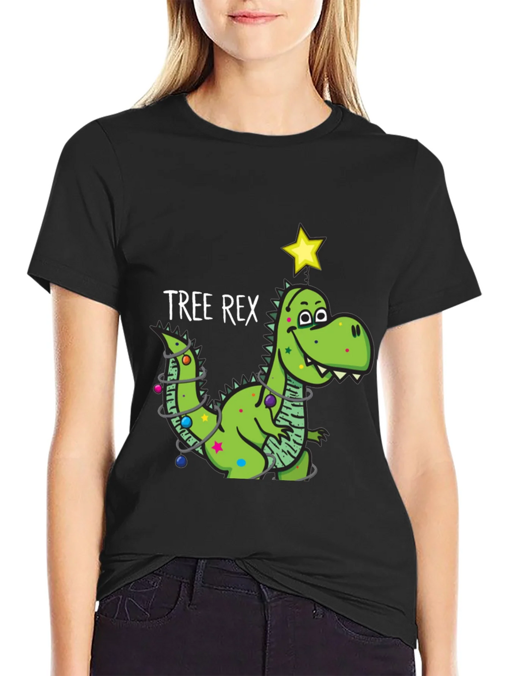 Tree Rex Dinosaur Christmas Black T-Shirt