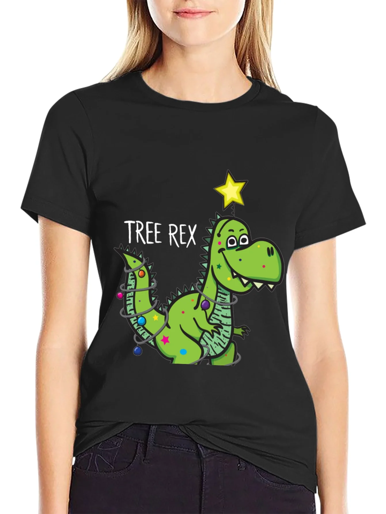 Tree Rex Dinosaur Christmas Black T-Shirt
