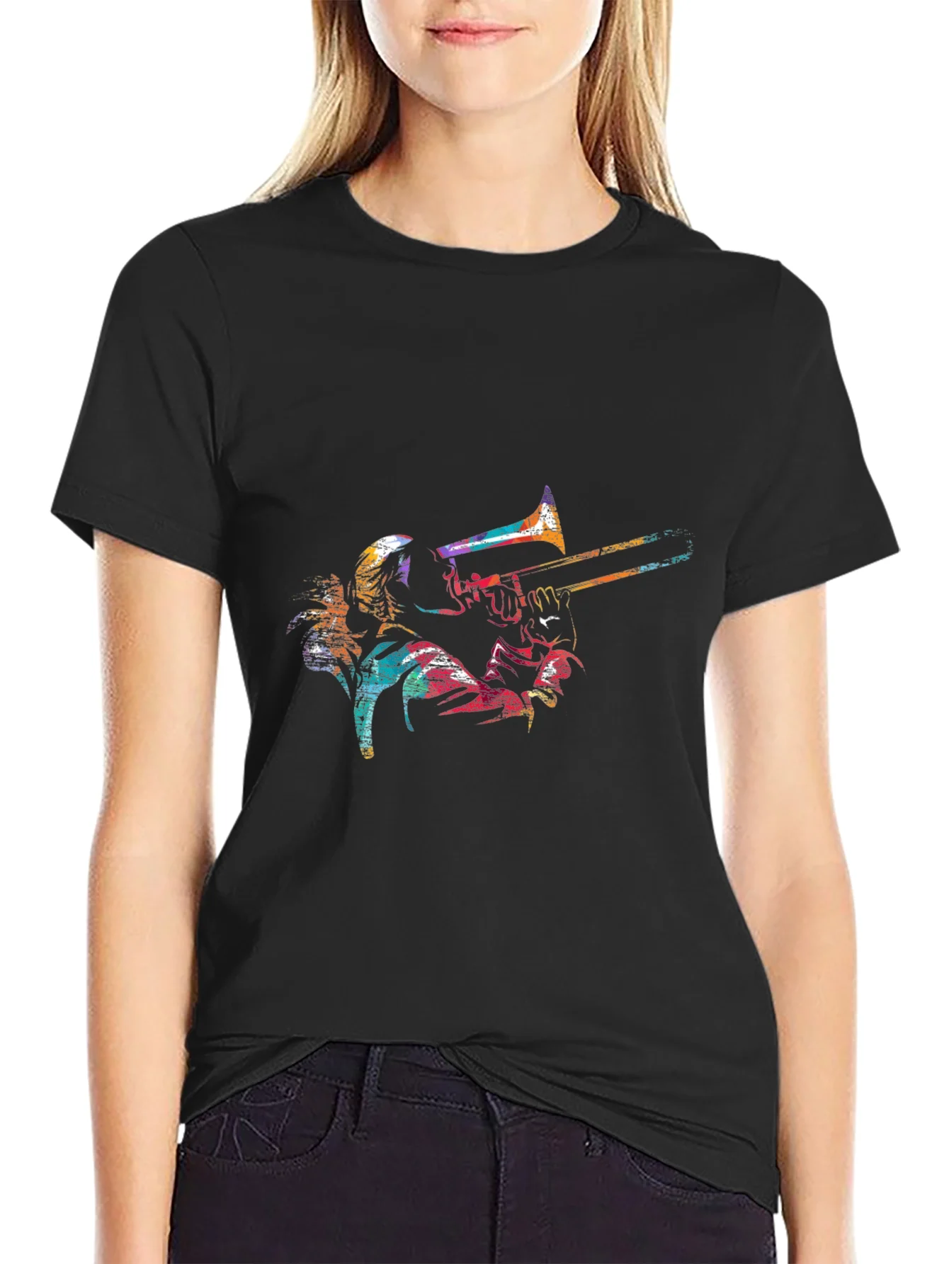 Colorful Trombone Player Graphic Black Tee