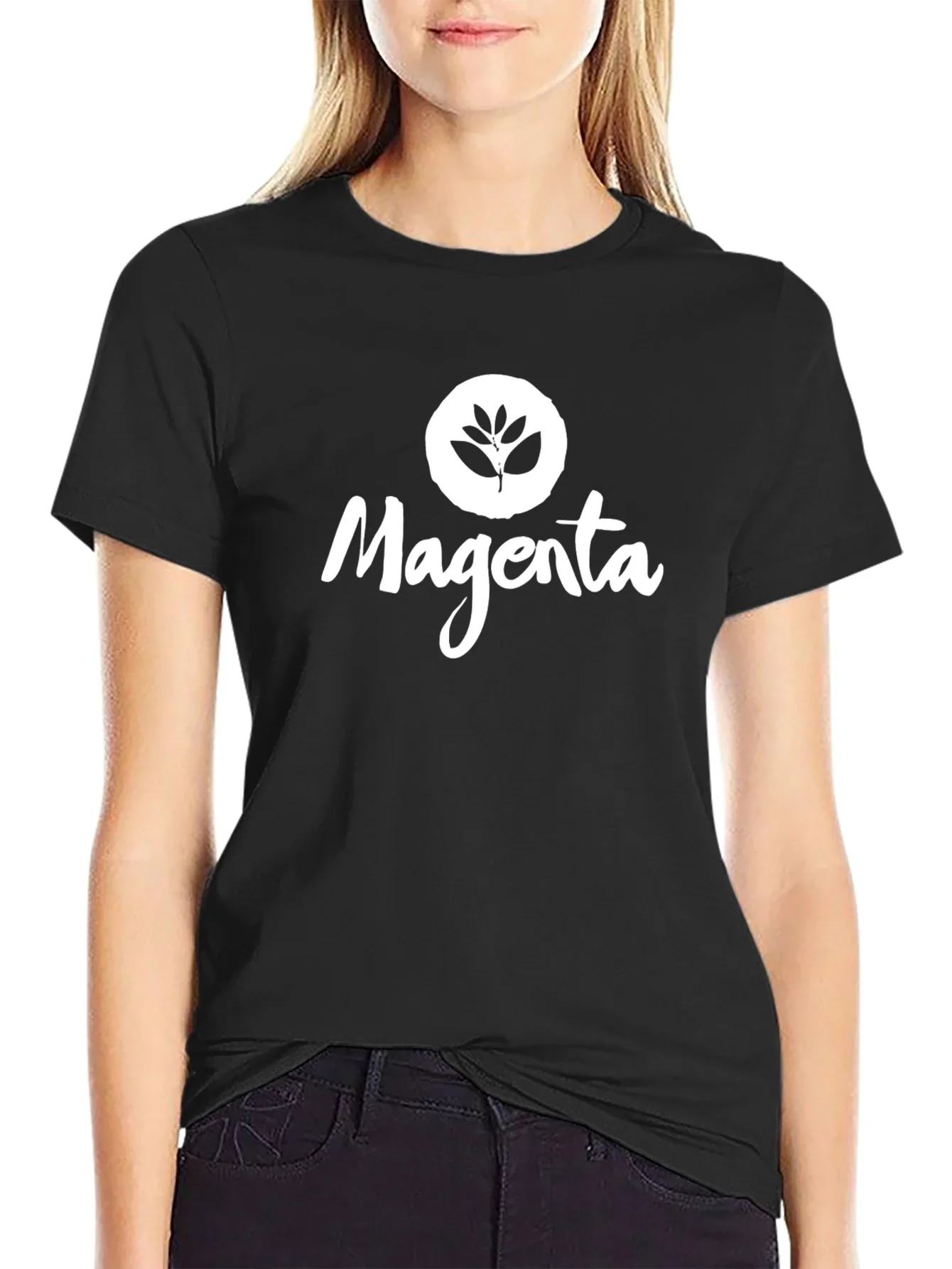 Magenta Leaf Logo Black T-Shirt