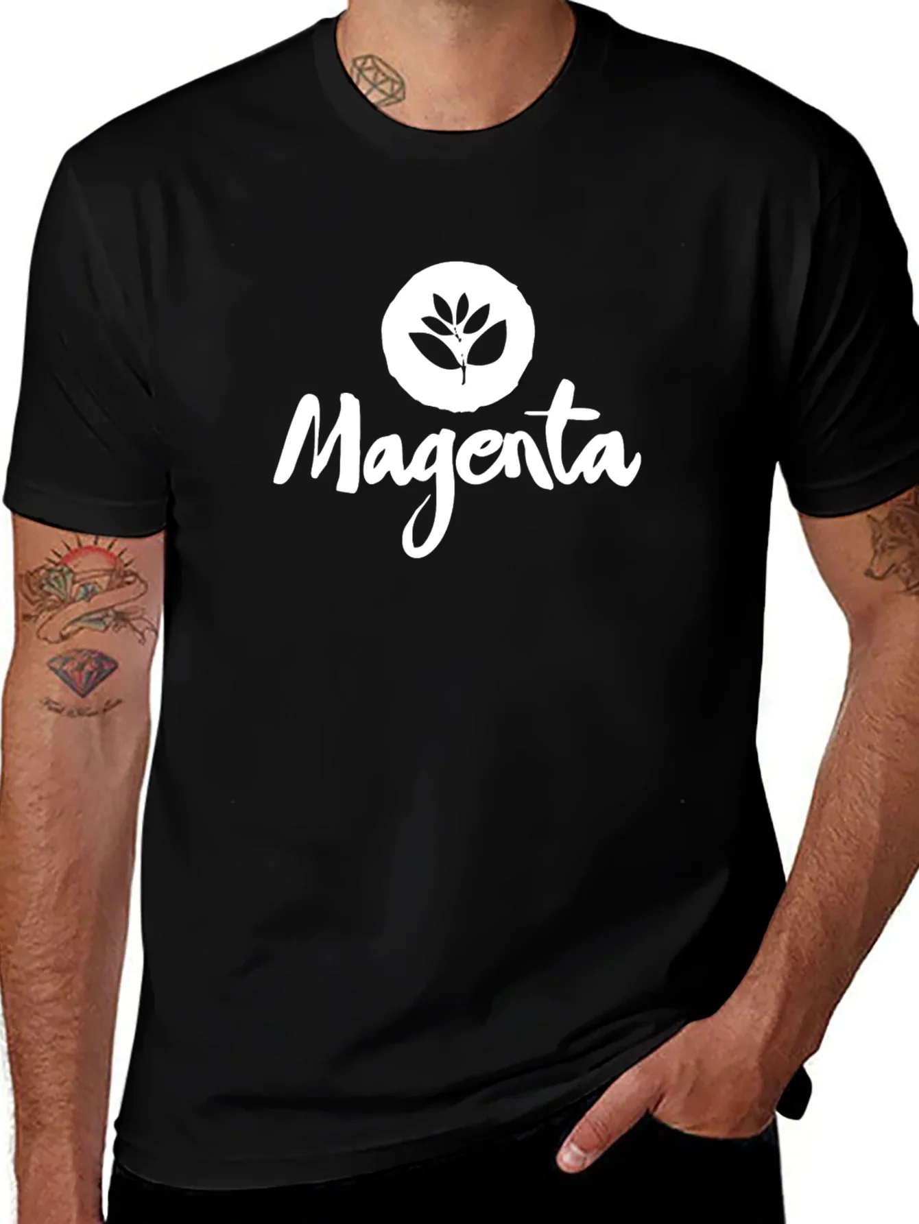 Magenta Leaf Logo Black T-Shirt