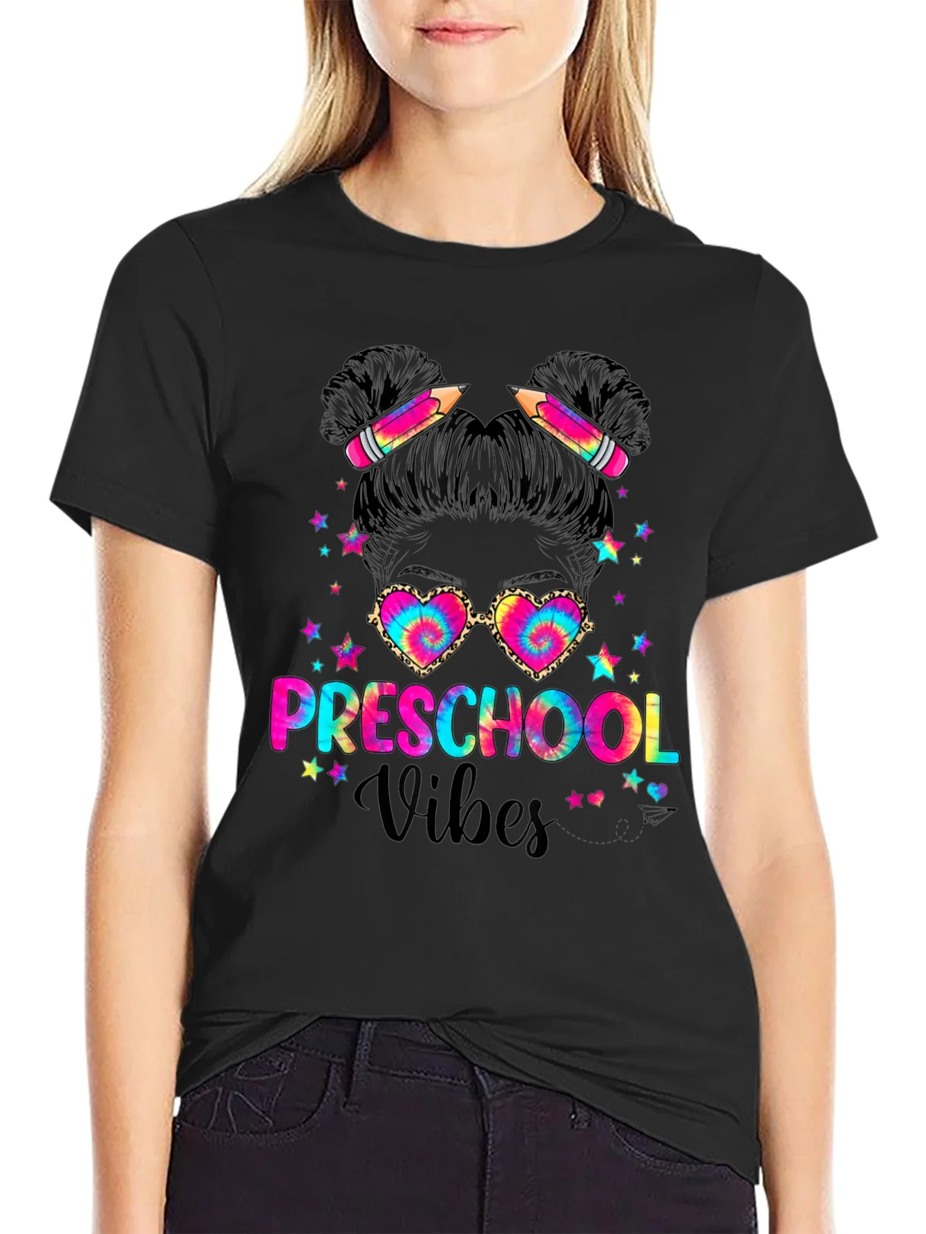 Preschool Vibes Messy Bun T-Shirt Teacher Gift