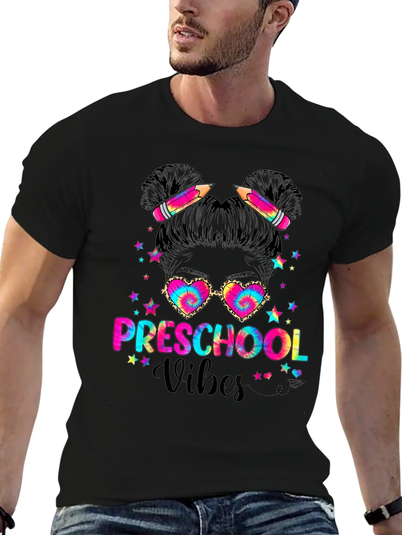 Preschool Vibes Messy Bun T-Shirt Teacher Gift