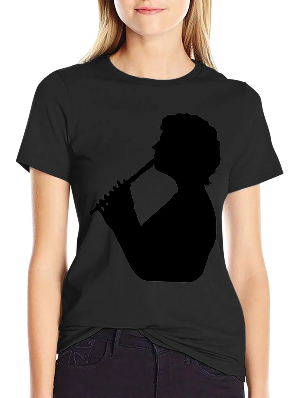 Silhouette Flute Player Black T-Shirt