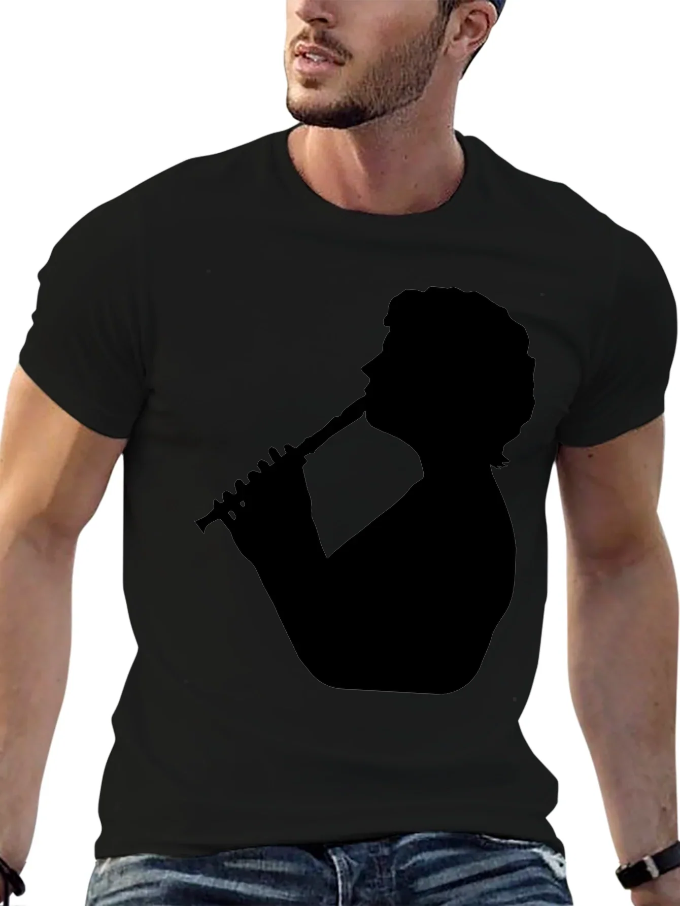 Silhouette Flute Player Black T-Shirt