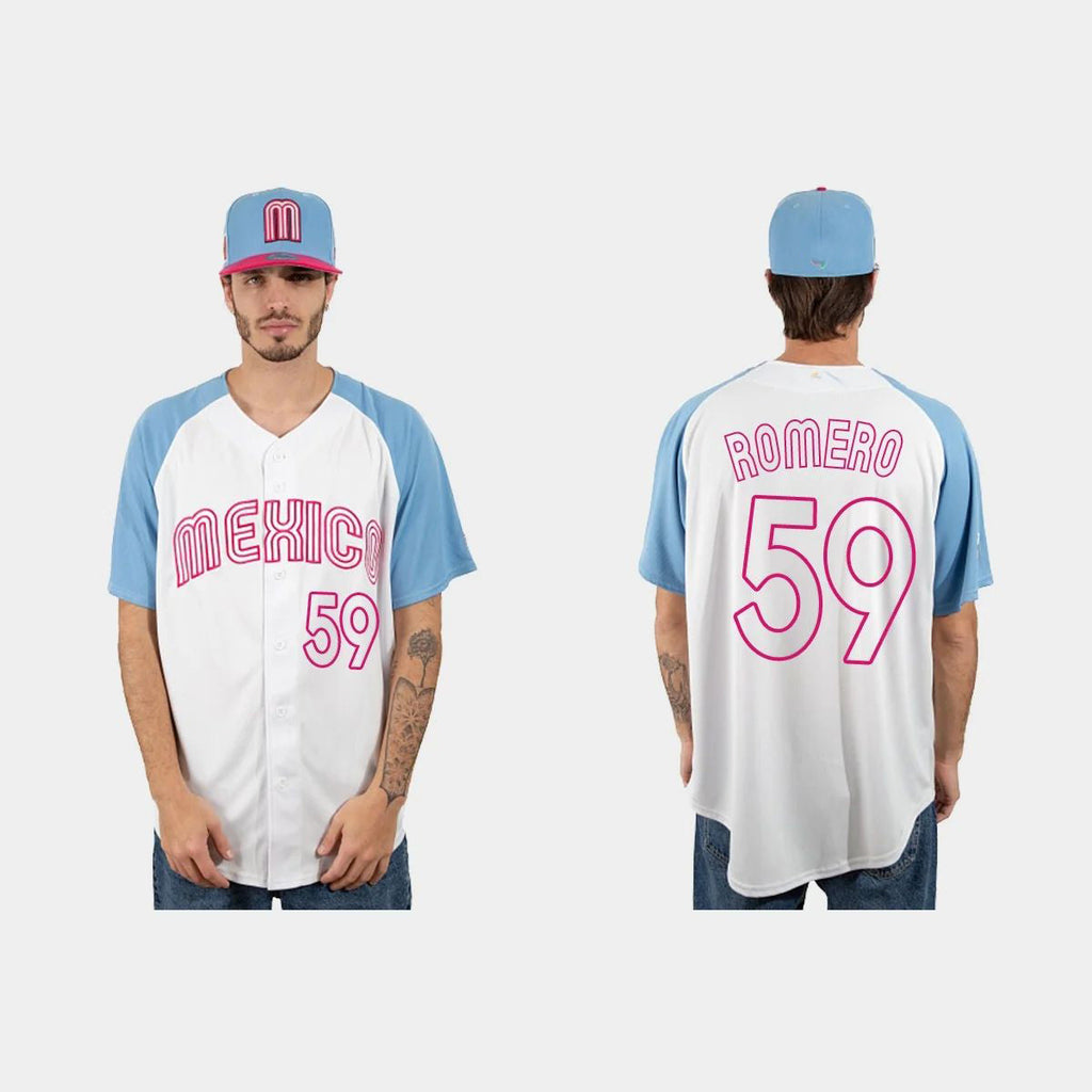 #59 JOJO ROMERO MEXICO BASEBALL 2023 WORLD BASEBALL CLASSIC JERSEY ¨C WHITE BLUE Stitches Baseball Jerseys