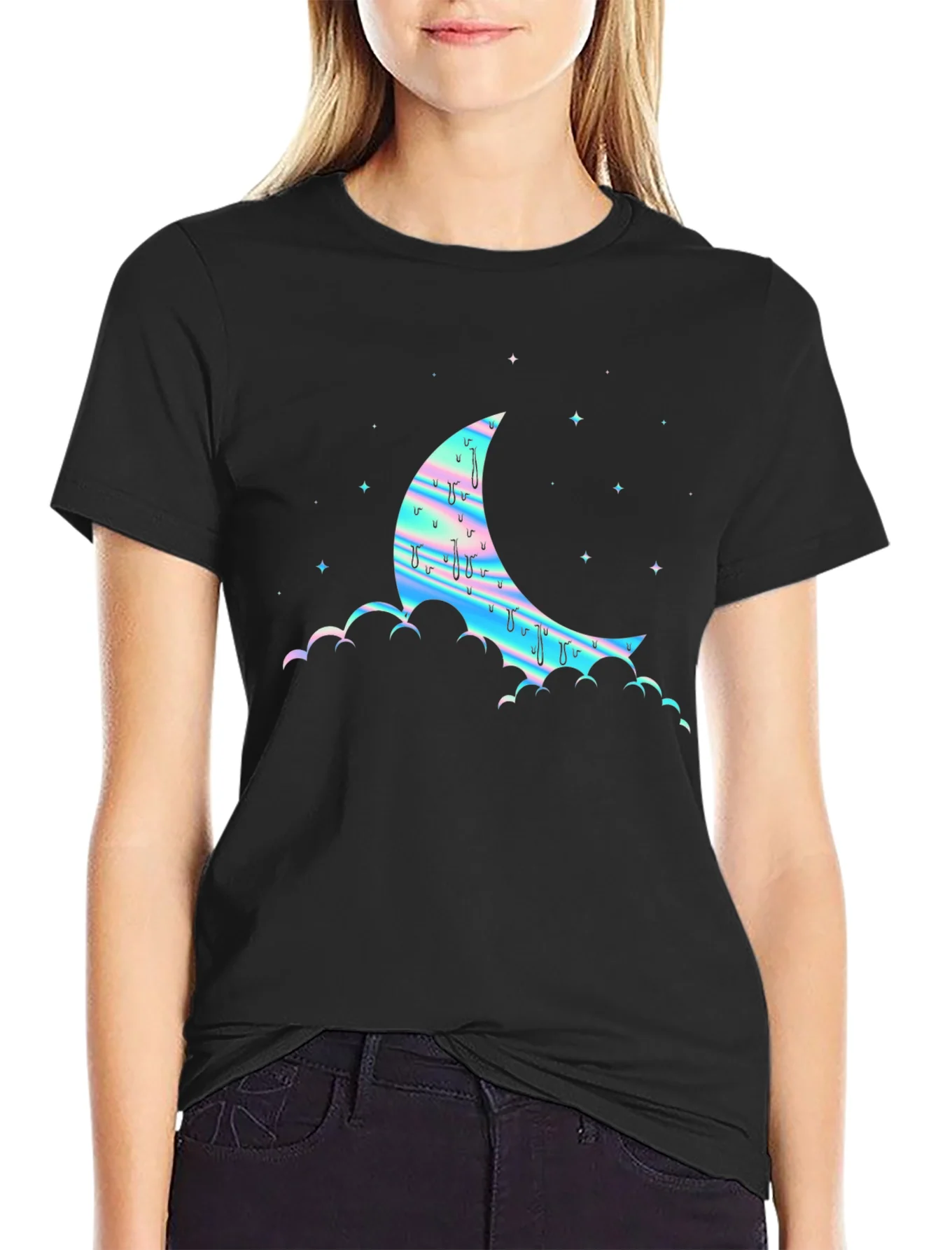 Dreamy Moon Graphic Tee - Black Cotton Blend