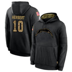 LA.Chargers #10 Justin Herbert Player Salute To Service Black Hoodies Game Football Jerseys