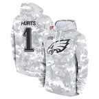 P.Eagles #1 Jalen Hurts Player Military Hoodie Arctic Camo Salute To Service Football Jerseys