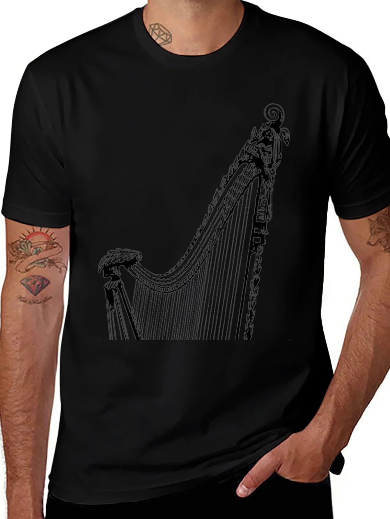 Elegant Harp Graphic Tee - Black Cotton T-Shirt