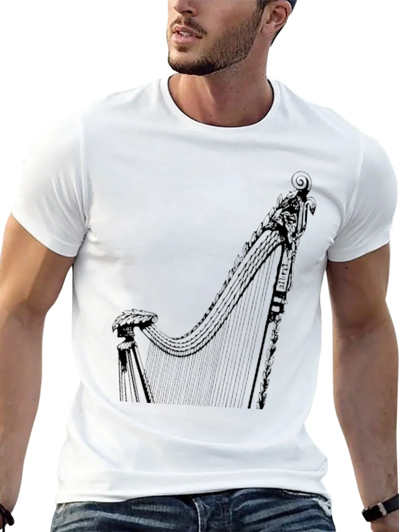 Elegant Harp Graphic Tee - Black Cotton T-Shirt