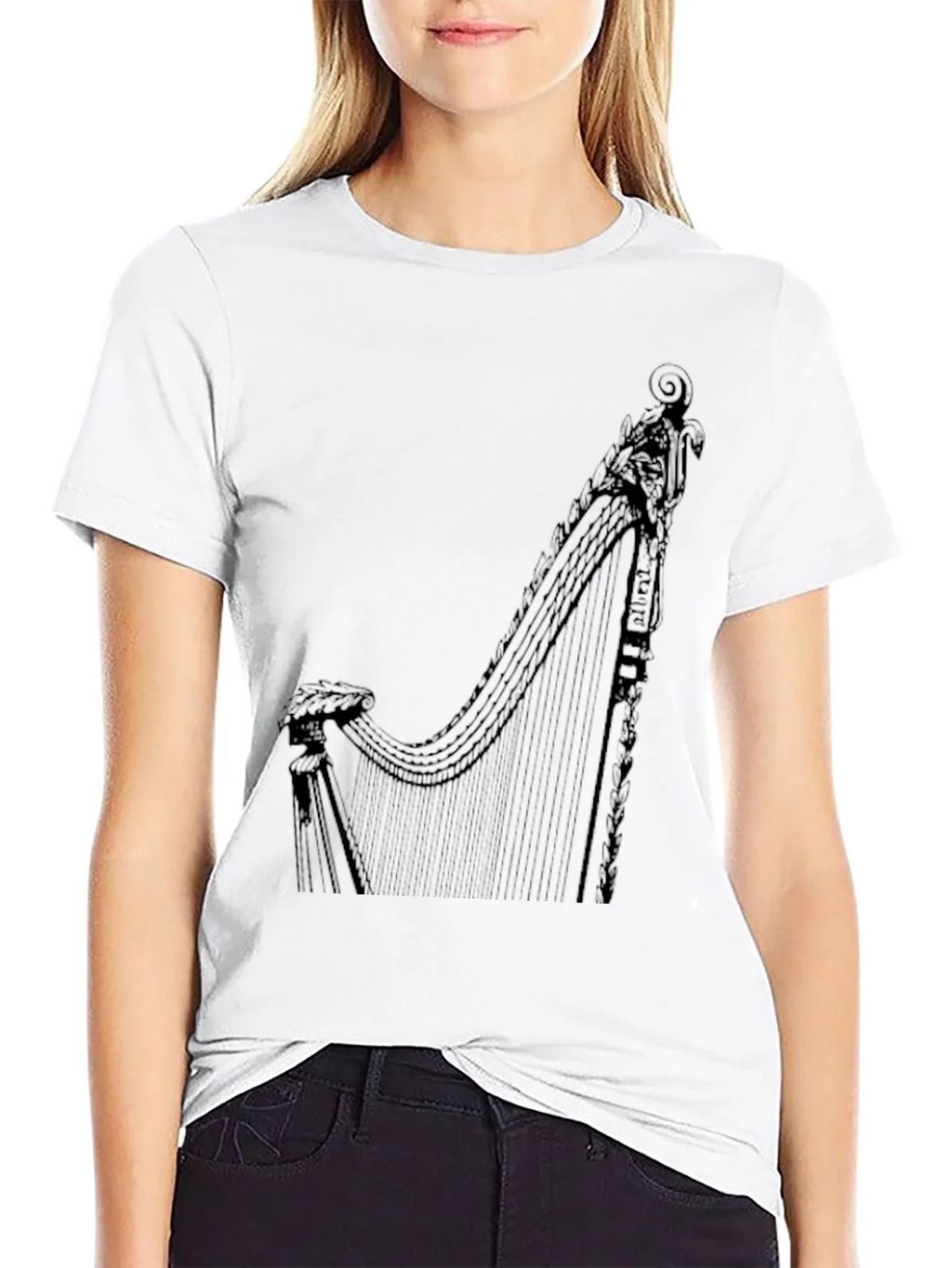 Elegant Harp Graphic Tee - Black Cotton T-Shirt