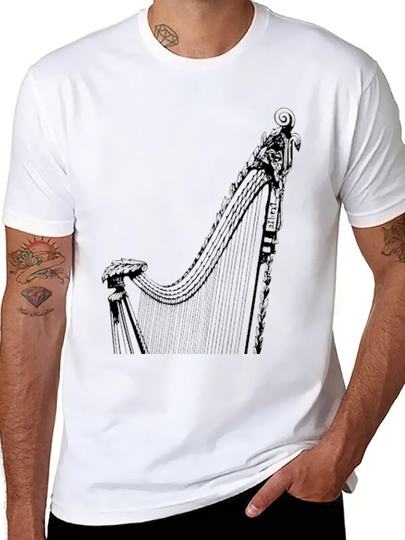 Elegant Harp Graphic Tee - Black Cotton T-Shirt