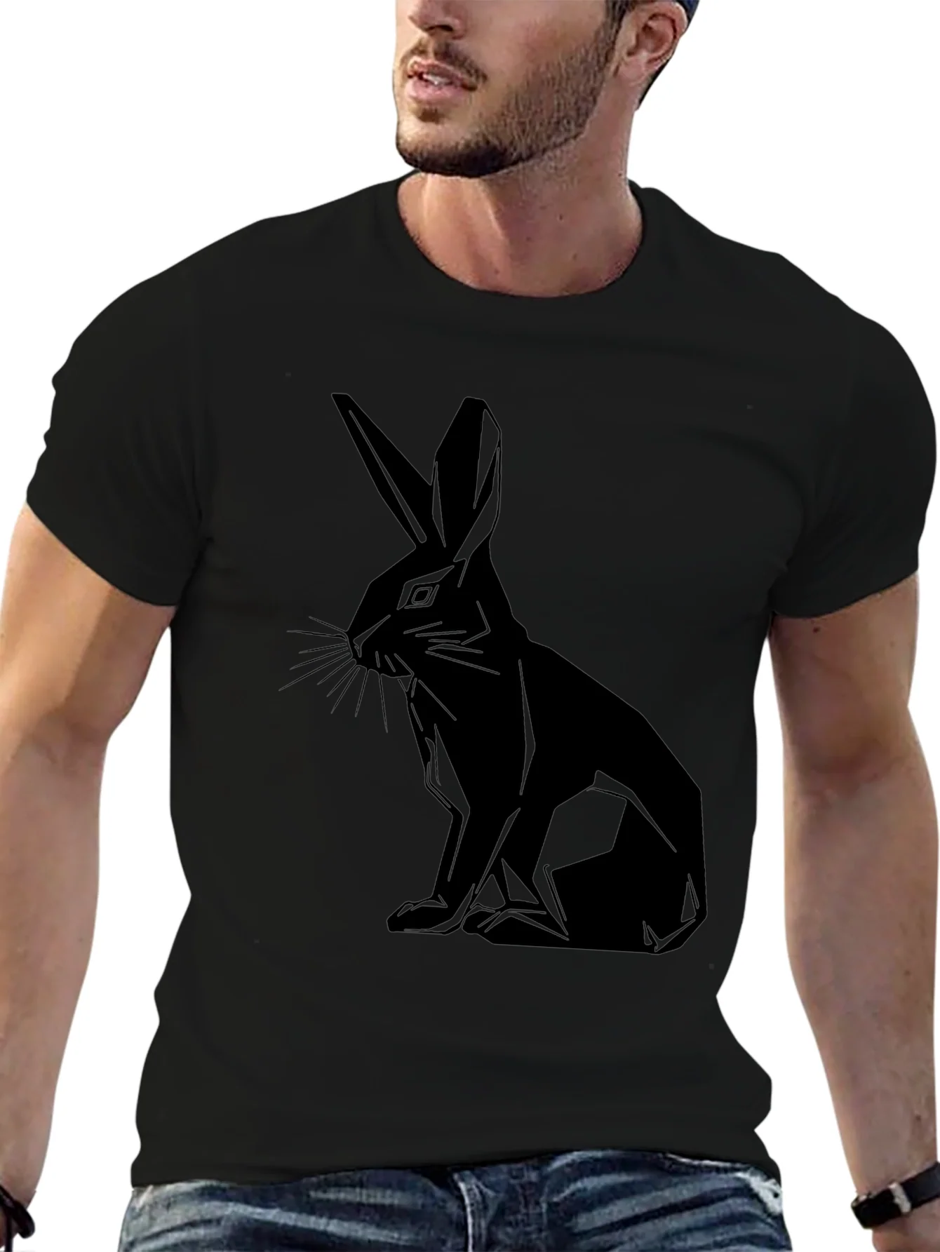 Geometric Rabbit Print Black T-Shirt
