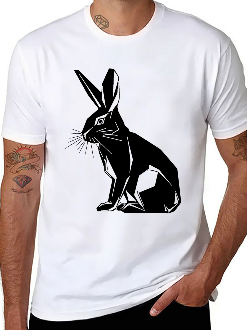 Geometric Rabbit Print Black T-Shirt