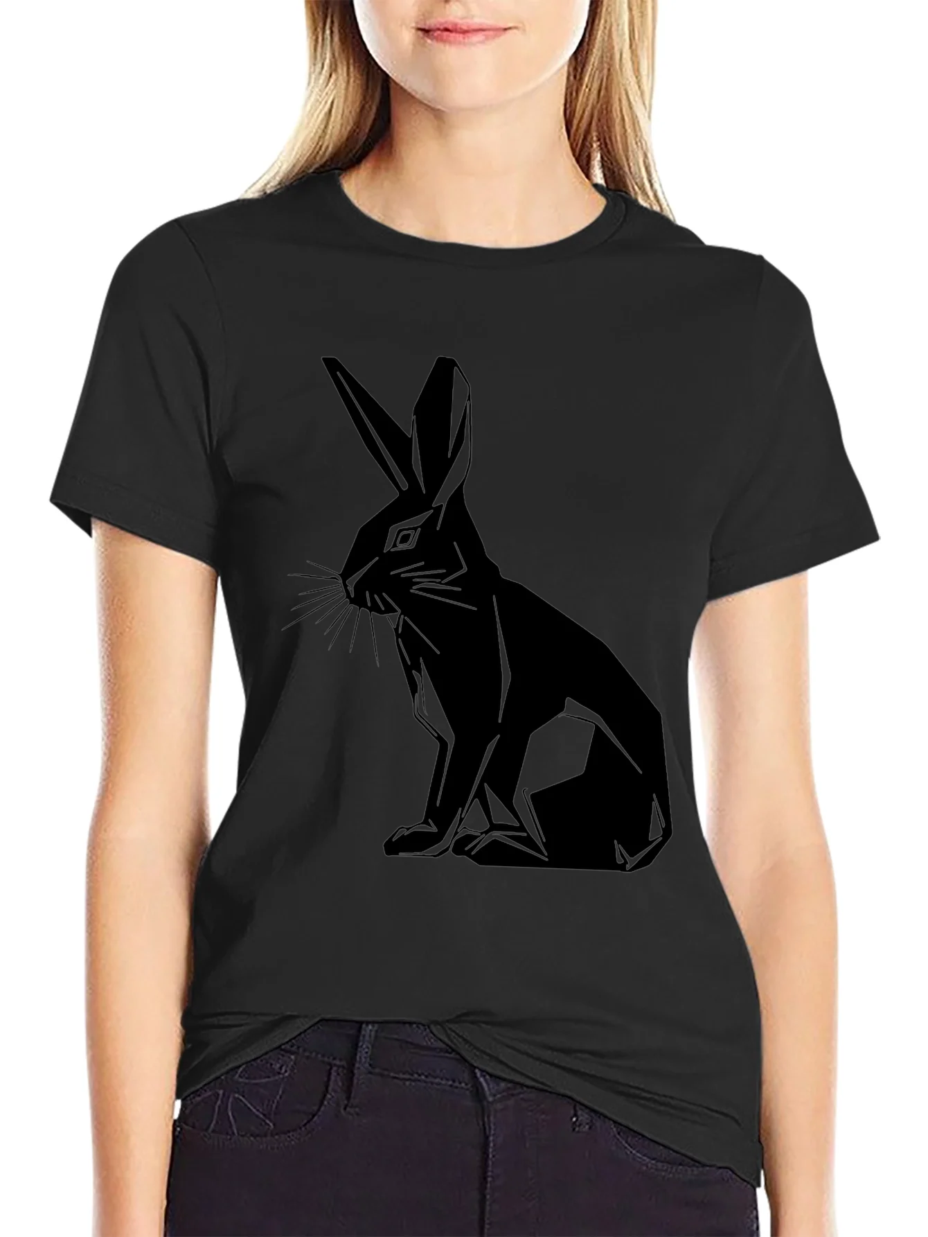 Geometric Rabbit Print Black T-Shirt