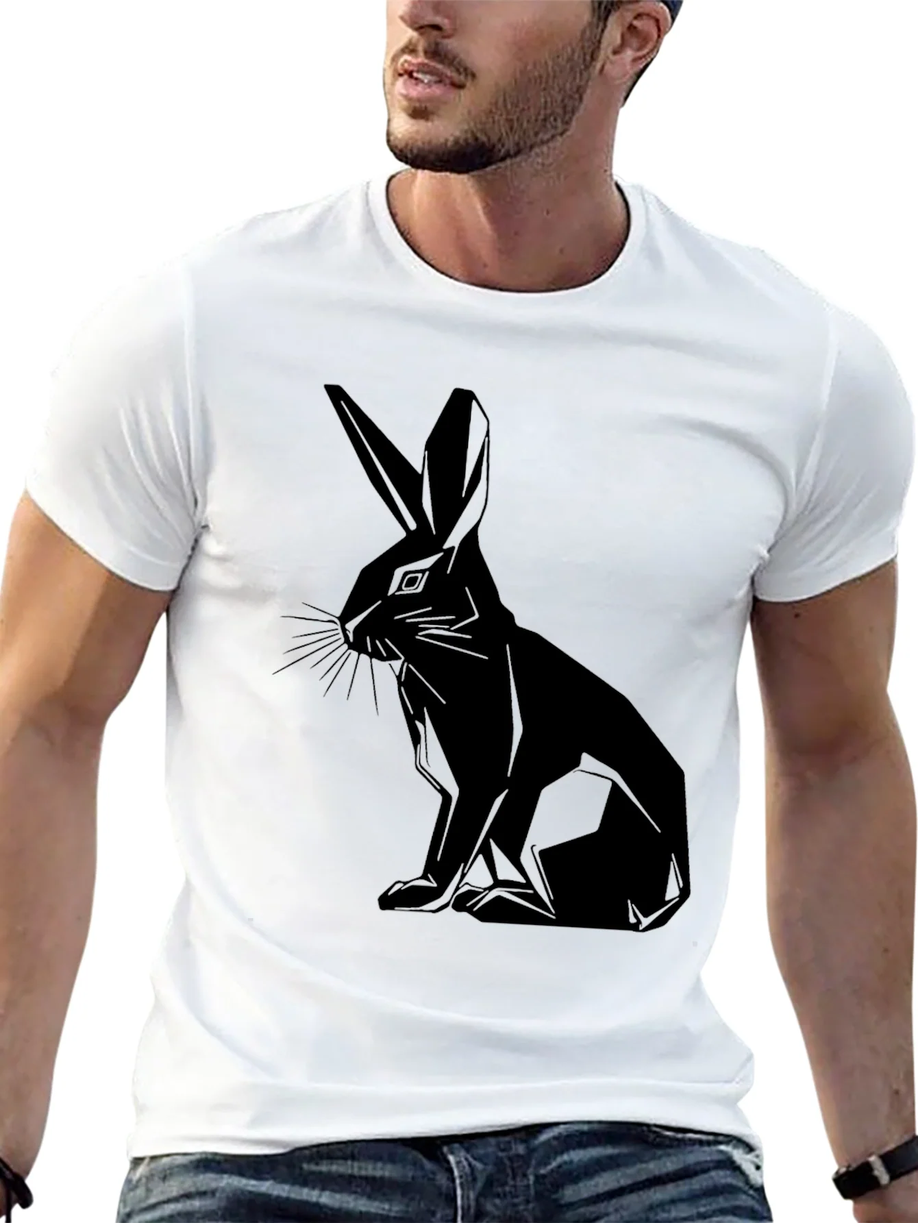 Geometric Rabbit Print Black T-Shirt