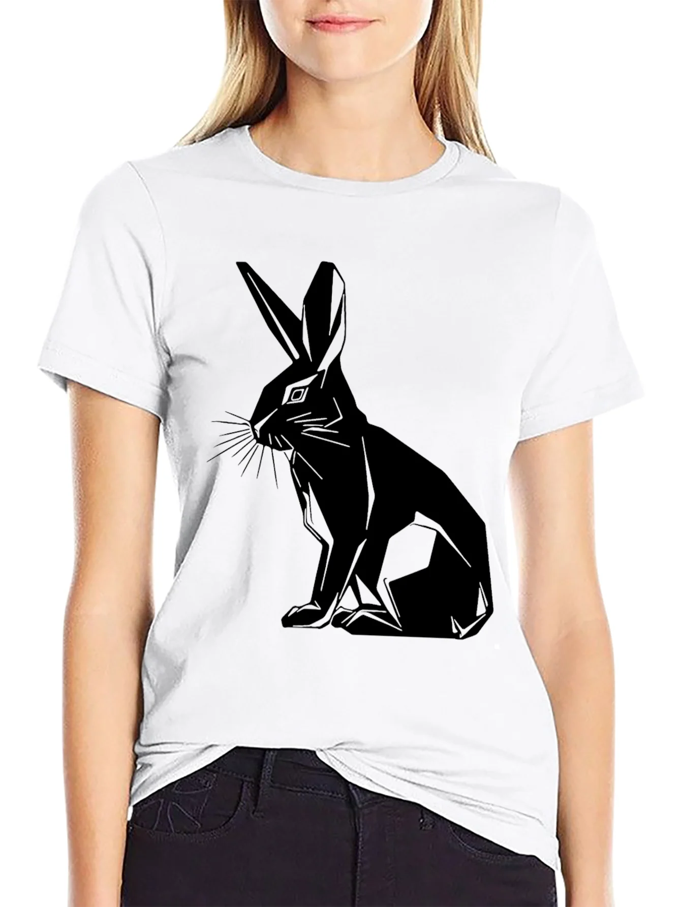 Geometric Rabbit Print Black T-Shirt