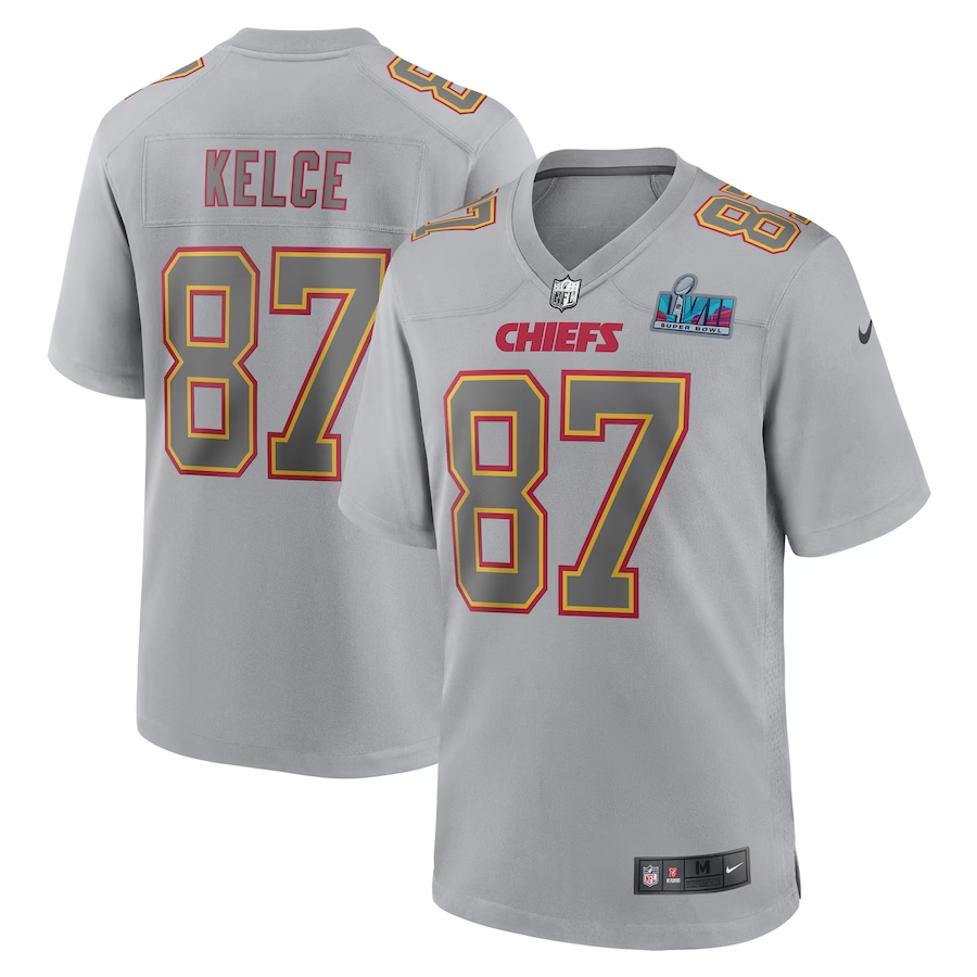 Men's Kansas City Chiefs Travis Kelce #87 Gray Super Bowl LVII Patch Atmosphere Fashion Game Jersey1