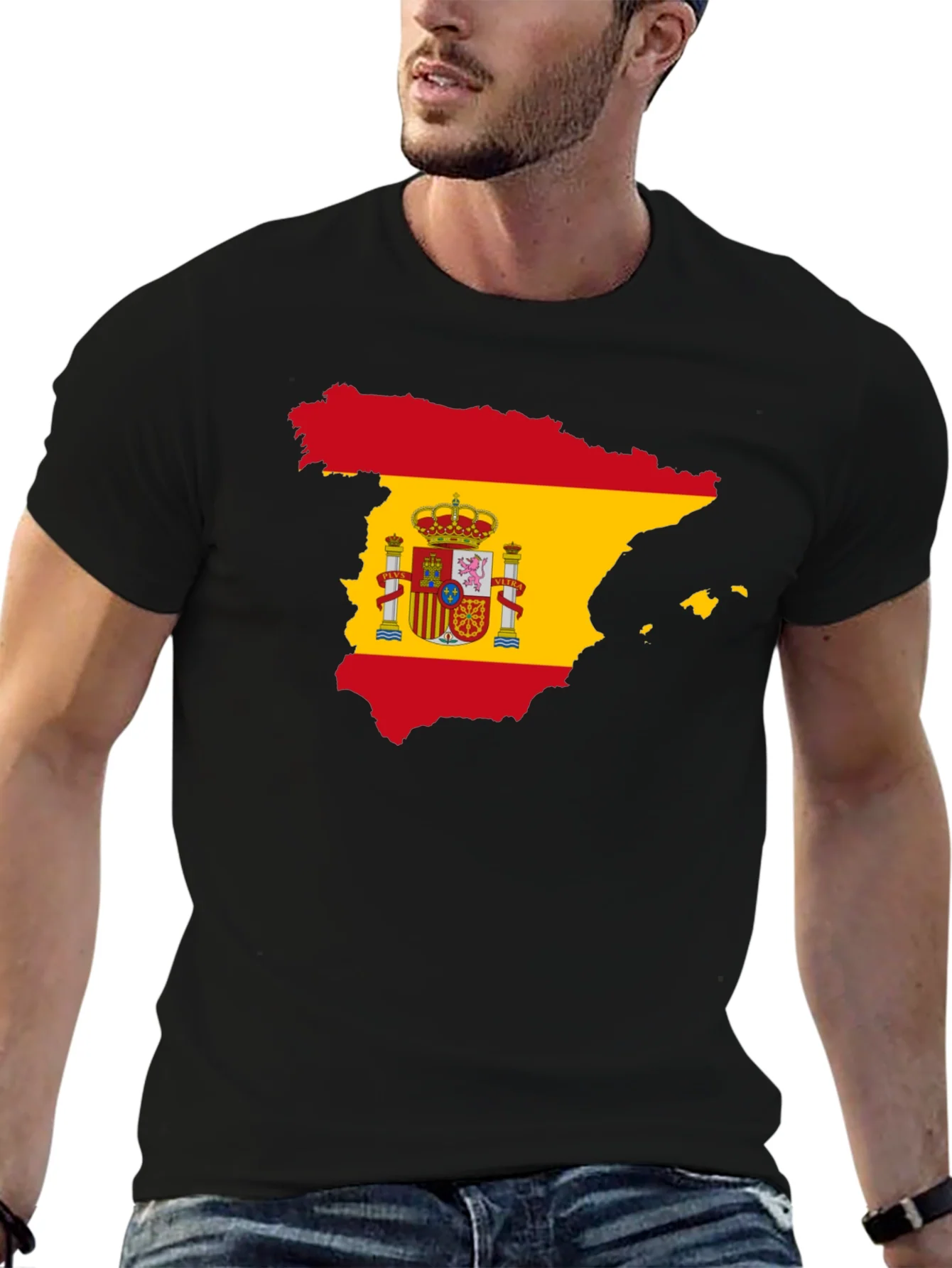 Spain Flag Map T-Shirt - Black Crew Neck Tee