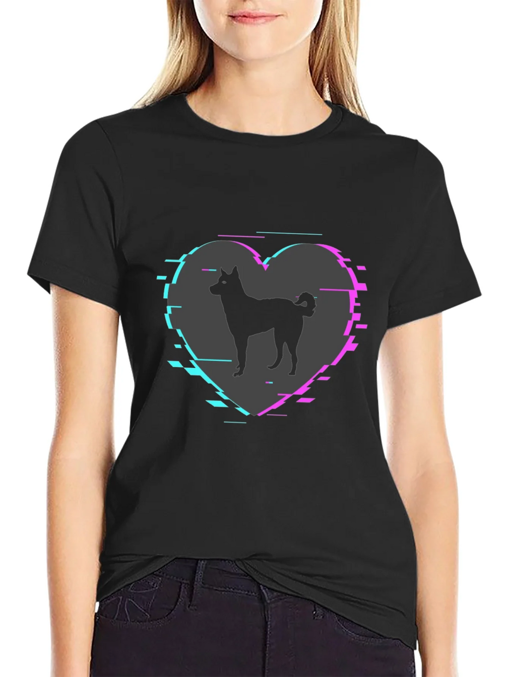 Dog Silhouette Heart Glitch Mens Black T-Shirt
