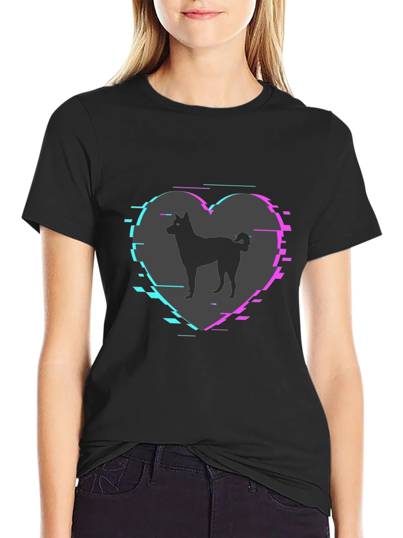 Dog Silhouette Heart Glitch Mens Black T-Shirt