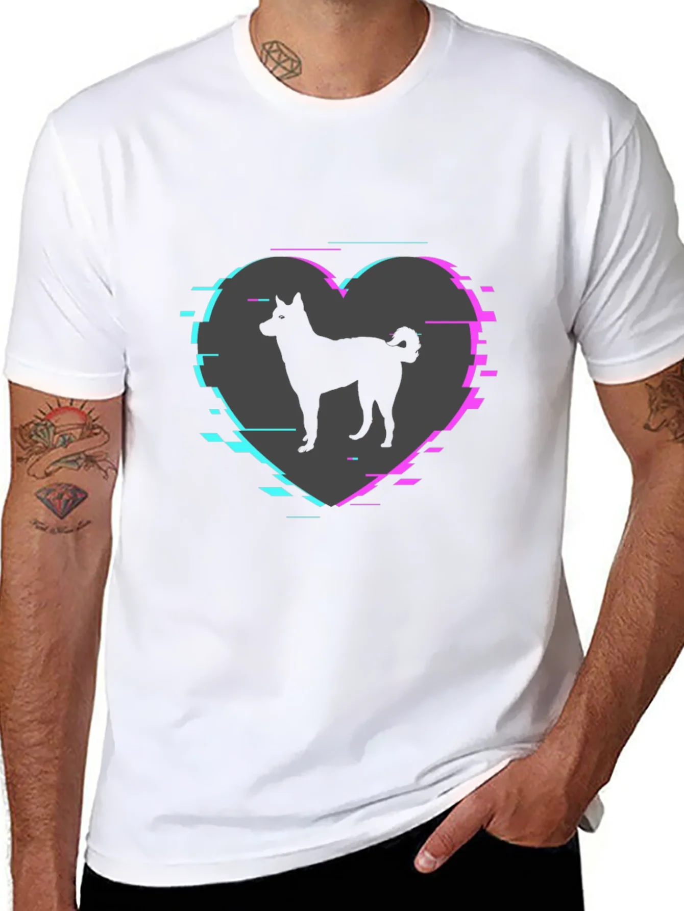 Dog Silhouette Heart Glitch Mens Black T-Shirt