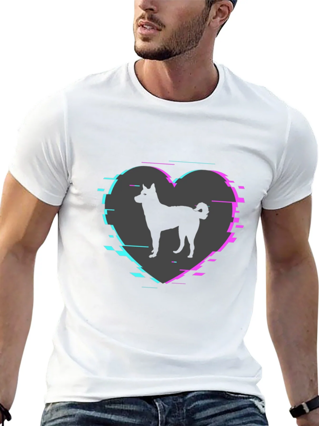 Dog Silhouette Heart Glitch Mens Black T-Shirt