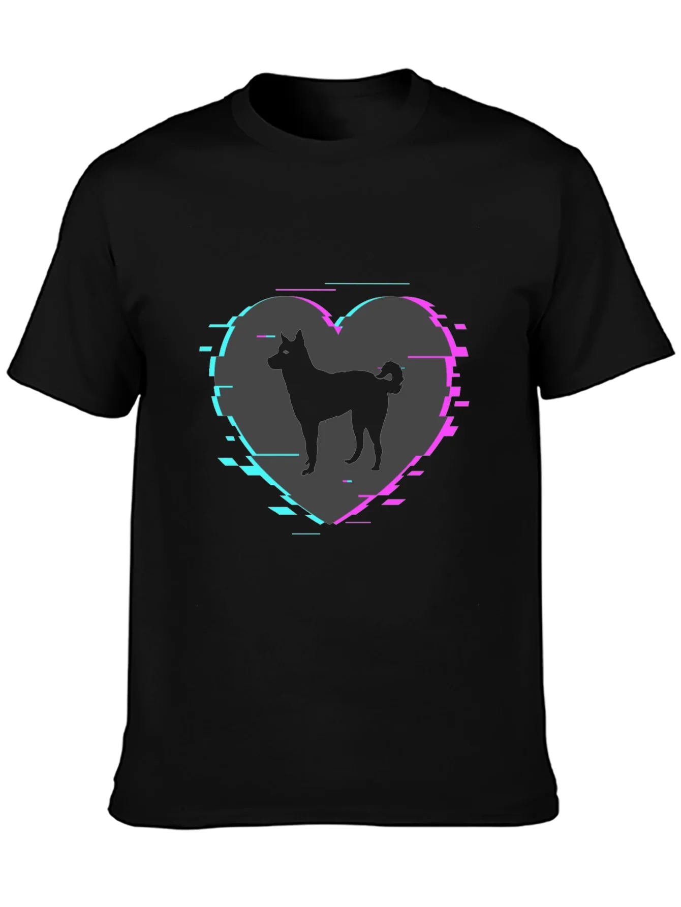 Dog Silhouette Heart Glitch Mens Black T-Shirt