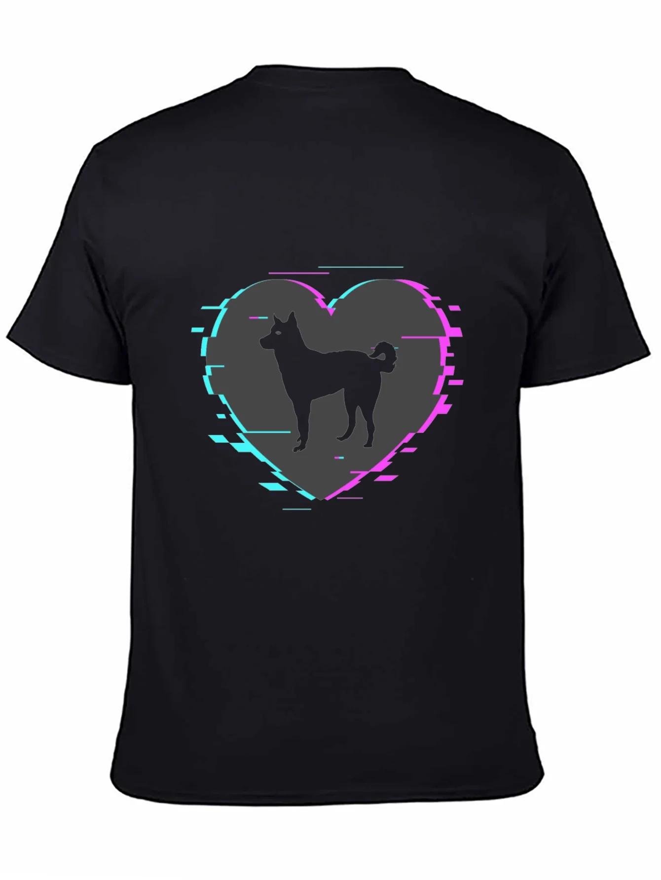 Dog Silhouette Heart Glitch Mens Black T-Shirt