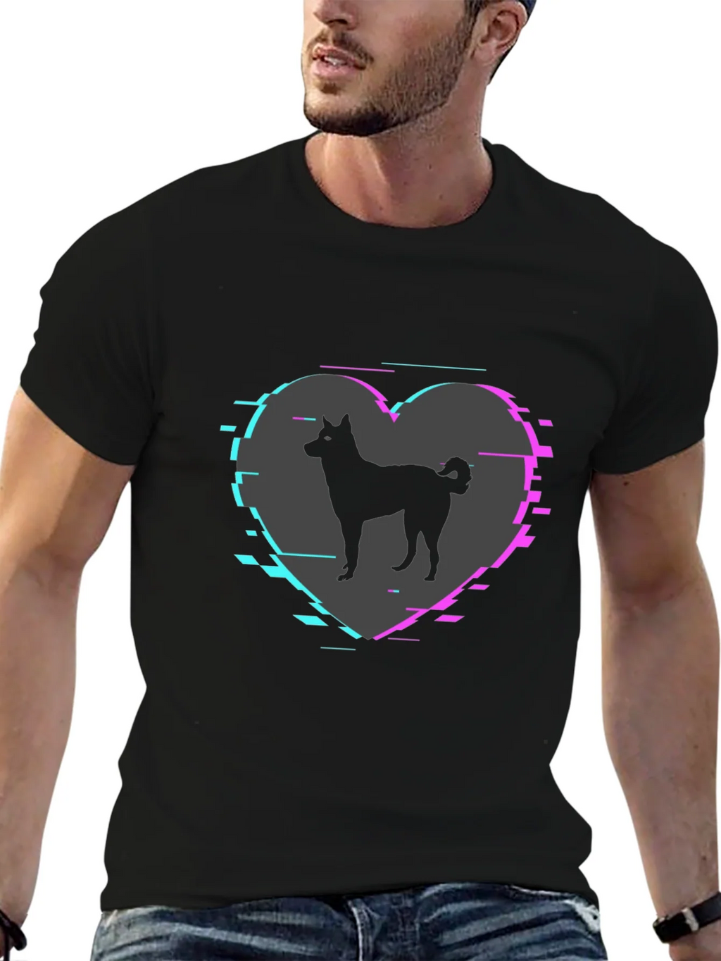 Dog Silhouette Heart Glitch Mens Black T-Shirt