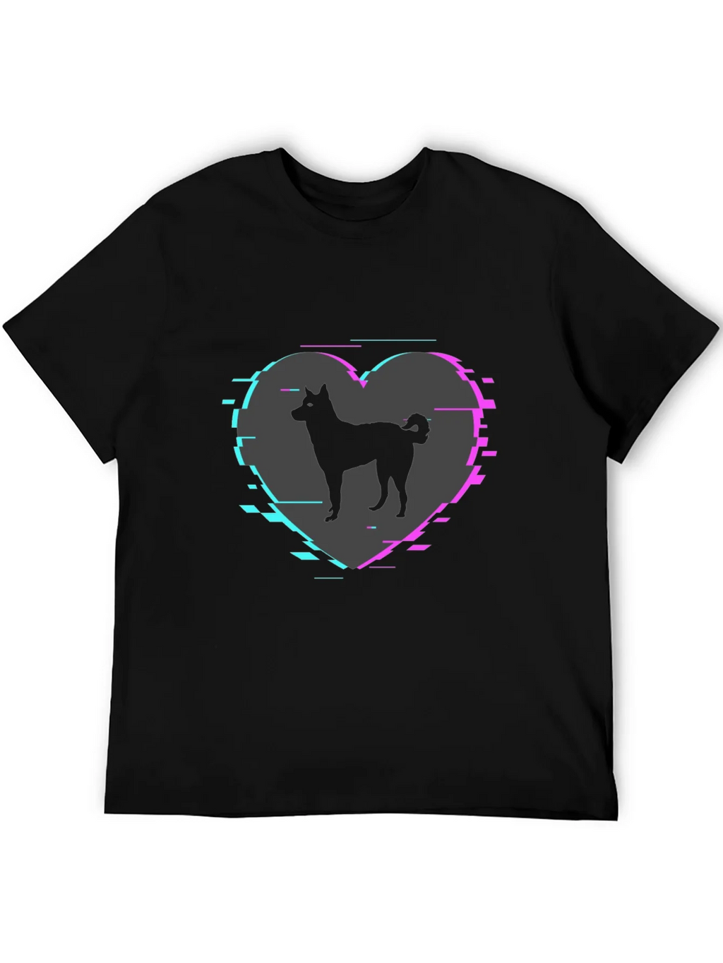 Dog Silhouette Heart Glitch Mens Black T-Shirt