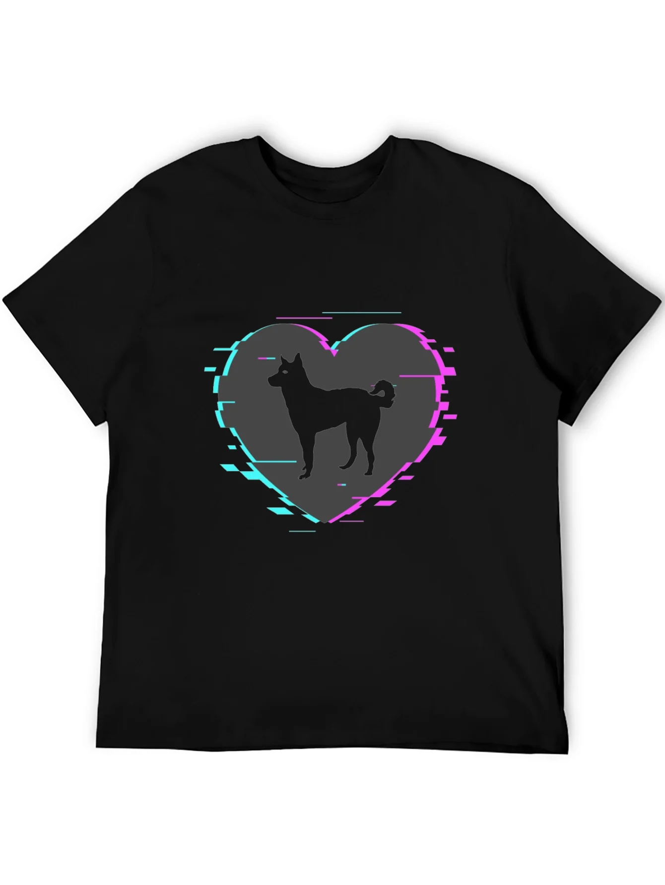 Dog Silhouette Heart Glitch Mens Black T-Shirt