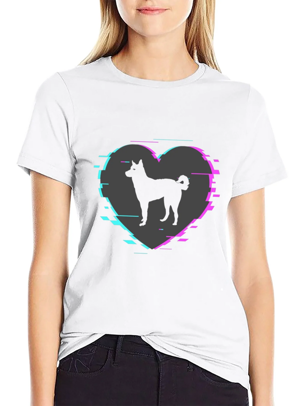 Dog Silhouette Heart Glitch Mens Black T-Shirt
