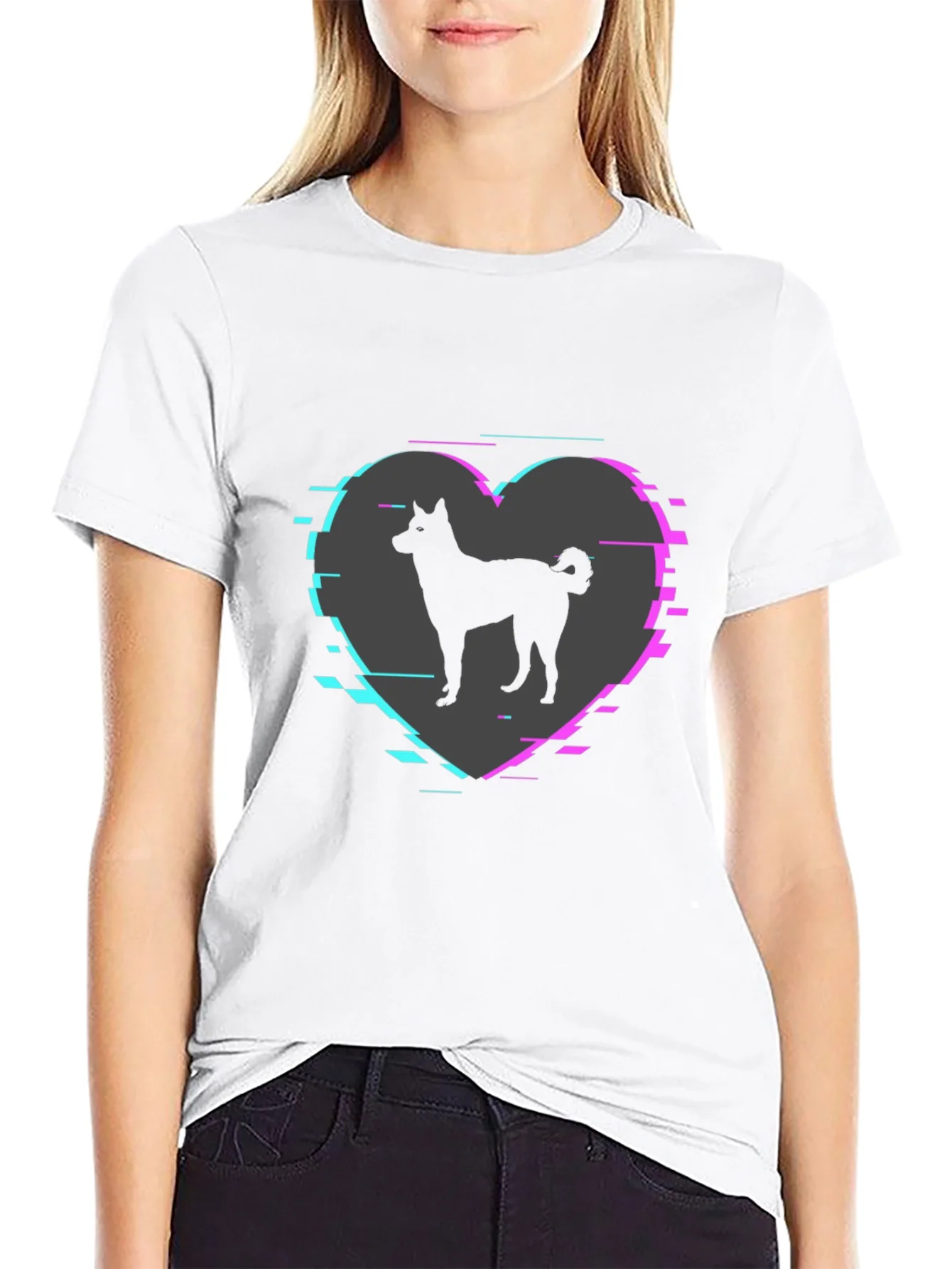 Dog Silhouette Heart Glitch Mens Black T-Shirt