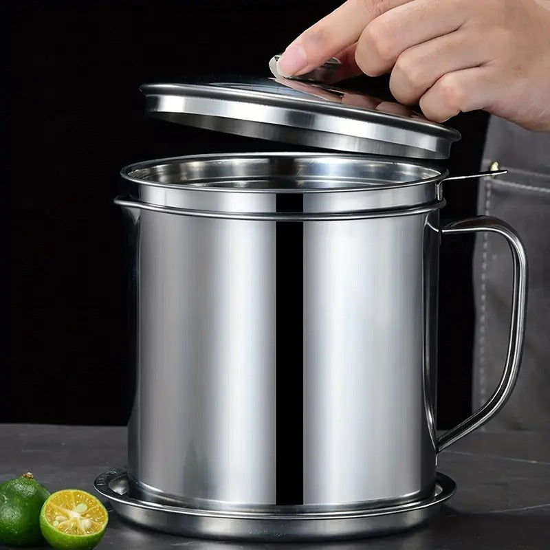 1pc Stainless Steel Grease Container With Strainer And Colander - Easy Grease Storage And Hands-Food And Catering Tools, Free Grease Jar Holder For Kitchen Cooking