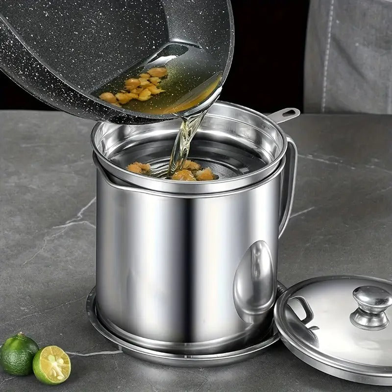 1pc Stainless Steel Grease Container With Strainer And Colander - Easy Grease Storage And Hands-Food And Catering Tools, Free Grease Jar Holder For Kitchen Cooking