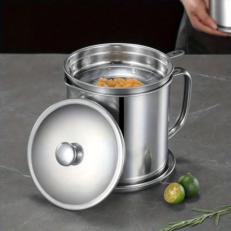 1pc Stainless Steel Grease Container With Strainer And Colander - Easy Grease Storage And Hands-Food And Catering Tools, Free Grease Jar Holder For Kitchen Cooking