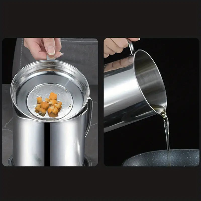 1pc Stainless Steel Grease Container With Strainer And Colander - Easy Grease Storage And Hands-Food And Catering Tools, Free Grease Jar Holder For Kitchen Cooking