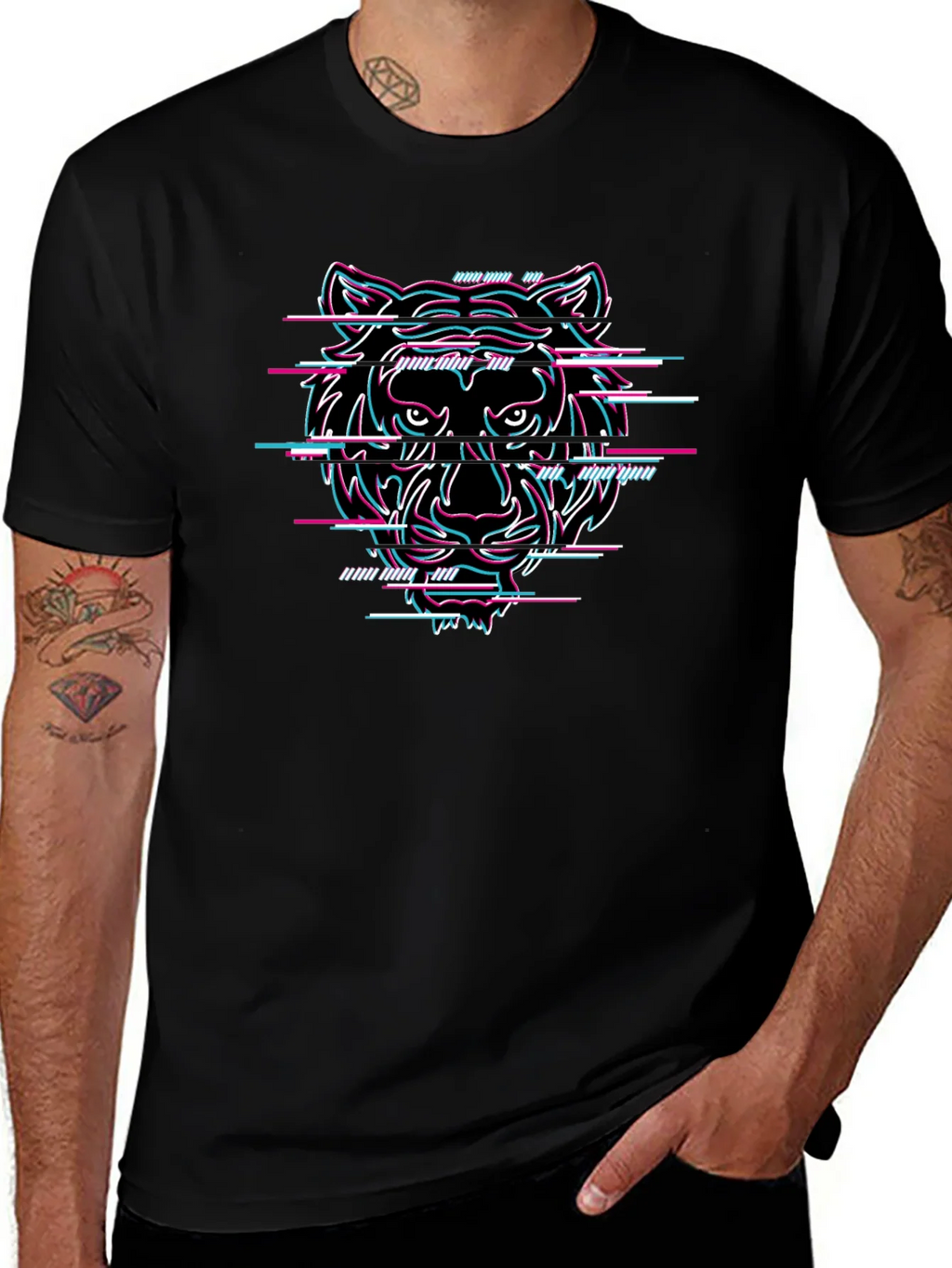 Glitch Tiger Graphic Black T-Shirt