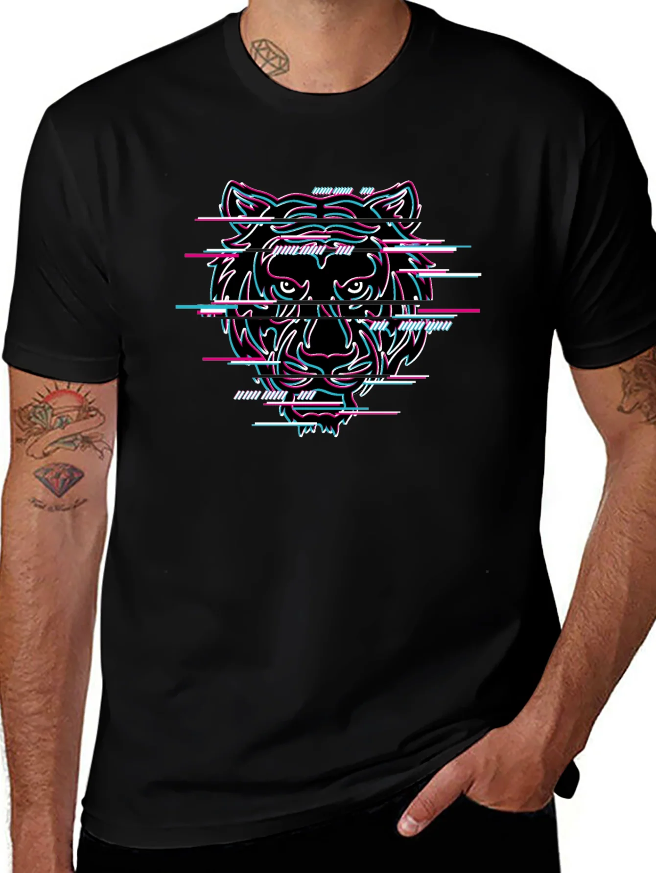 Glitch Tiger Graphic Black T-Shirt