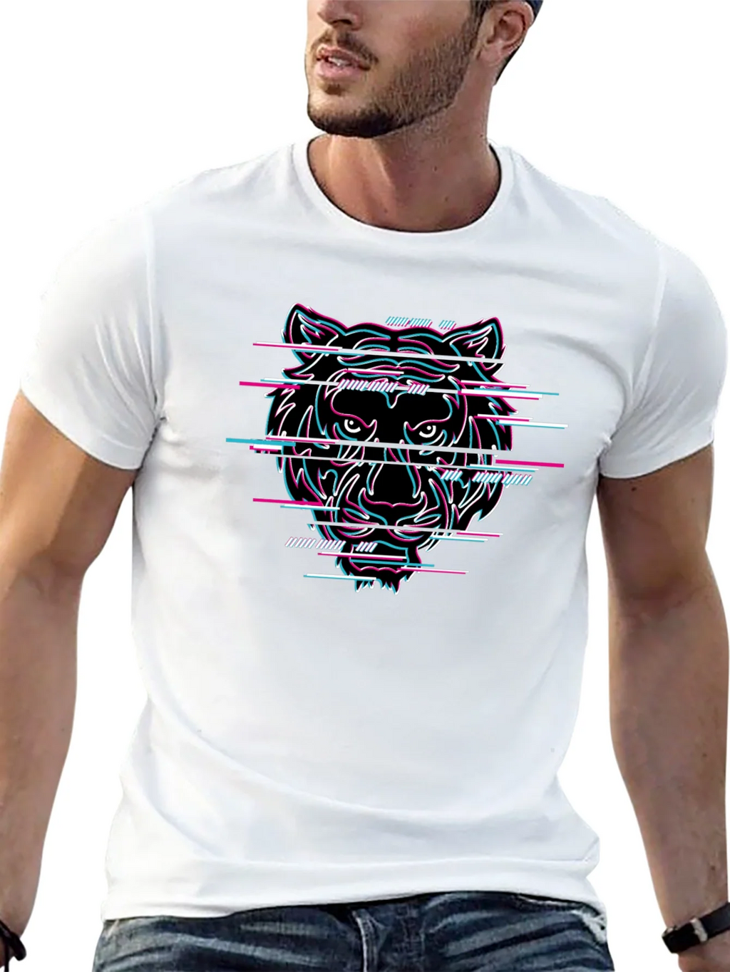 Glitch Tiger Graphic Black T-Shirt